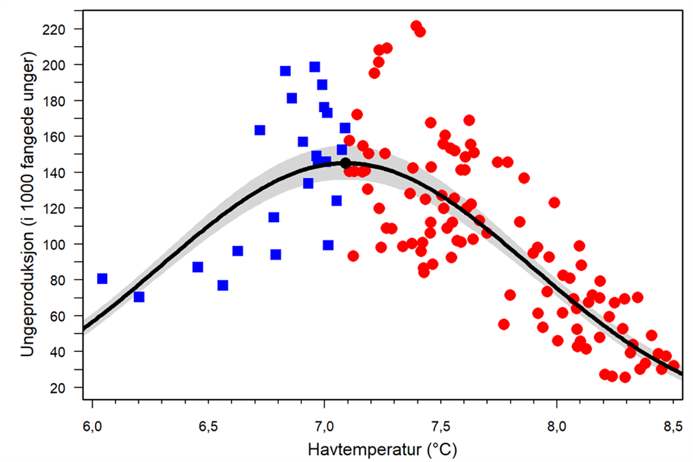 Figure 2: The optimum temperature for puffins in Iceland has been shown to be 7.1°C. Both lower and higher sea temperatures resulted in a decline in offspring production.