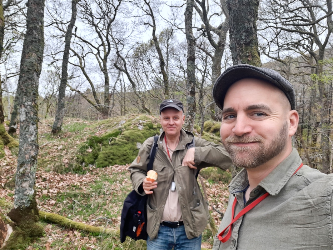 Mathias Andreasen (foran) og Björn Nordén på jakt etter nye sopparter.