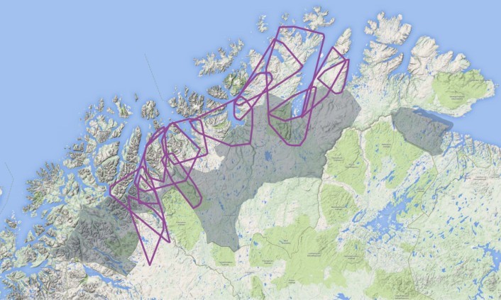 Kartet viser et utvalg årlige leveområder for voksne hunngauper fulgt med GPS-sendere i Troms og Finnmark fra 2007-2013. De grå områdene er gaupeprioriterte områder mens områdene uten farge er prioritert for beite. Kart: Scandlynx/Google