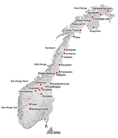 Oversikt over fjellrevområdene i Norge. Kart: NINA