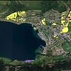 Utsnitt fra det digitale datasettet som viser planlagt utbygging i Norge. Eksempel fra Nordfjordeid sentrum, Stad kommune, Vestland fylke. Fargene viser til arealformål for områder som er planlagt utbygd, men ennå ikke bygd ut. 