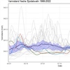 Vannstand i juni-august i Nedre Sjodalsvatn i perioden 1988-2022 vist som grå kurver. Gjennomsnittsvannstanden er vist som en svart kurve med 25-75 persentil i blå skravering. Enkeltårene 2017, 2018 og 2019 er vist som hhv. rød, grønn og lyseblå kurv