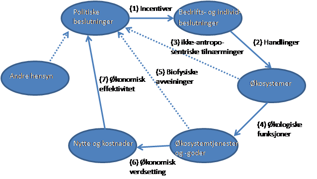 Nytte-kostnadsvurderinger av virkemiddelbruk og samarbeids områder mellom økonomer og økologer i NINA (heltrukne linjer). Figur basert på Polasky and Segerson (2009).